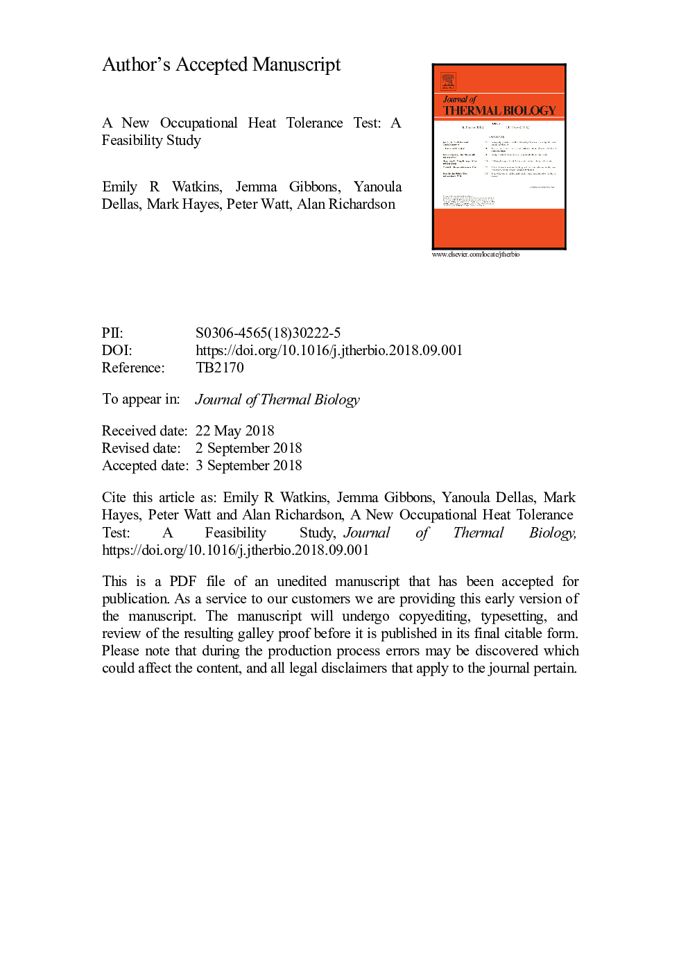 A new occupational heat tolerance test: A feasibility study