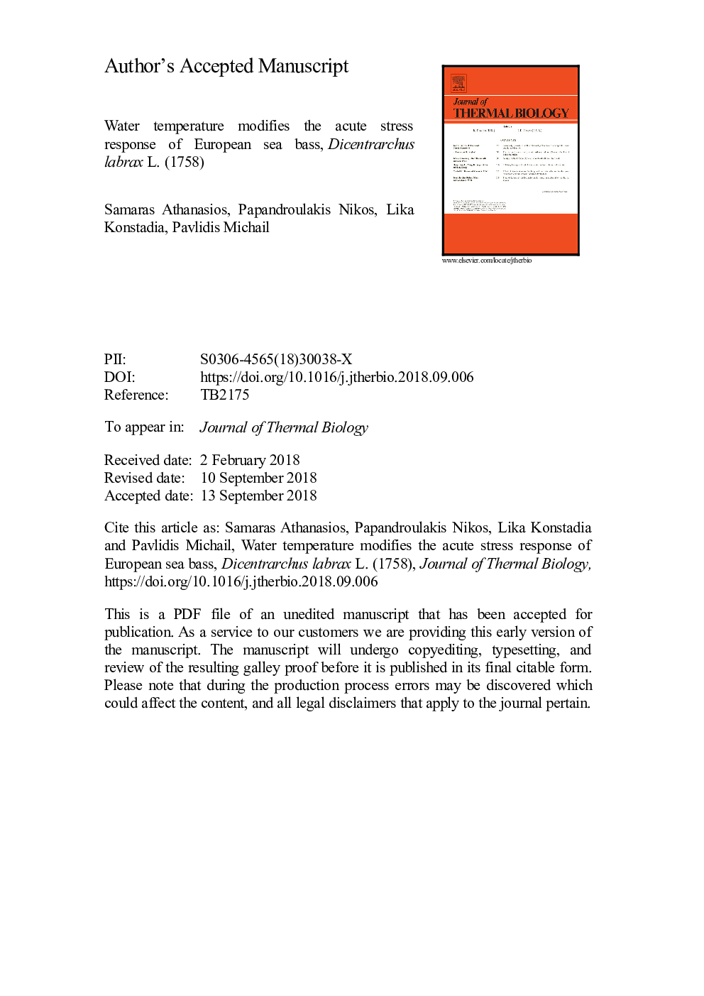 Water temperature modifies the acute stress response of European sea bass, Dicentrarchus labrax L. (1758)