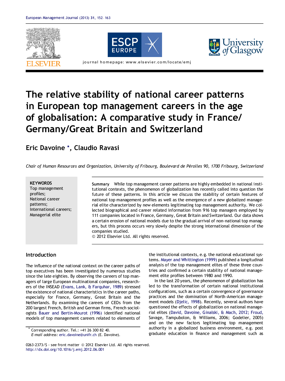 The relative stability of national career patterns in European top management careers in the age of globalisation: A comparative study in France/Germany/Great Britain and Switzerland