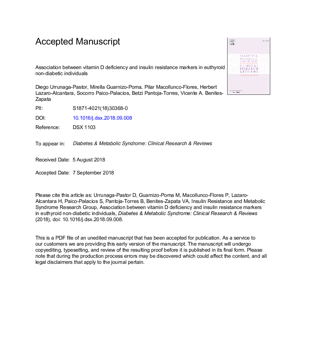 Association between vitamin D deficiency and insulin resistance markers in euthyroid non-diabetic individuals