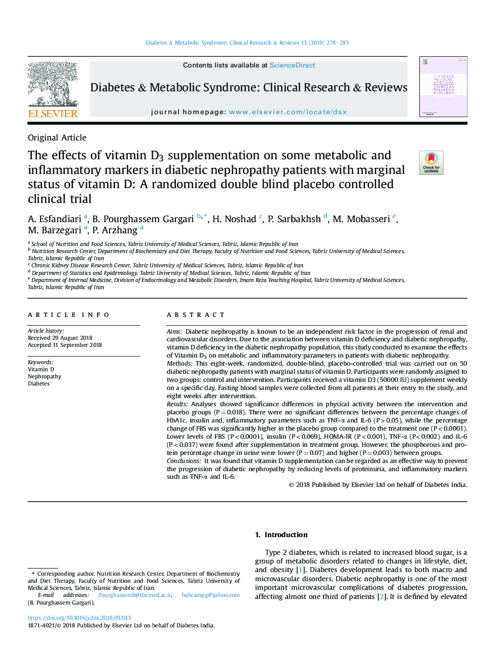 The effects of vitamin D3 supplementation on some metabolic and inflammatory markers in diabetic nephropathy patients with marginal status of vitamin D: A randomized double blind placebo controlled clinical trial