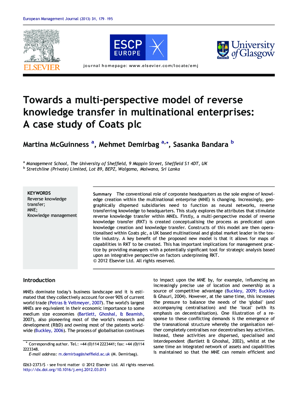 Towards a multi-perspective model of reverse knowledge transfer in multinational enterprises: A case study of Coats plc