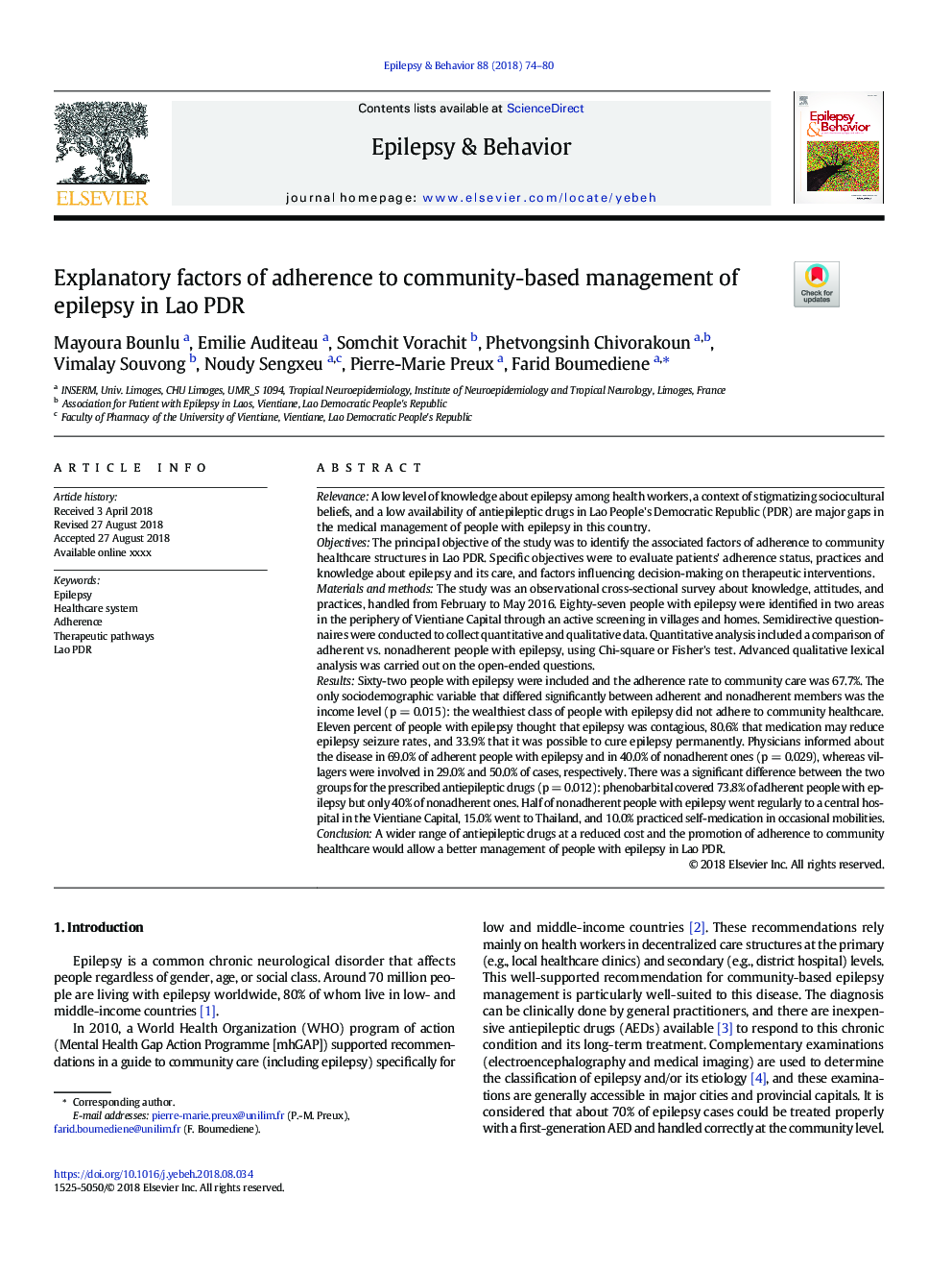 Explanatory factors of adherence to community-based management of epilepsy in Lao PDR