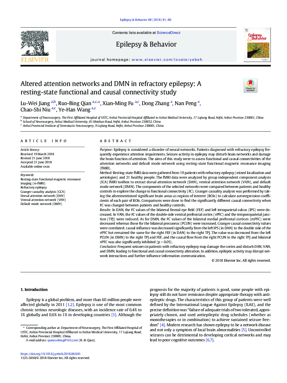 Altered attention networks and DMN in refractory epilepsy: A resting-state functional and causal connectivity study