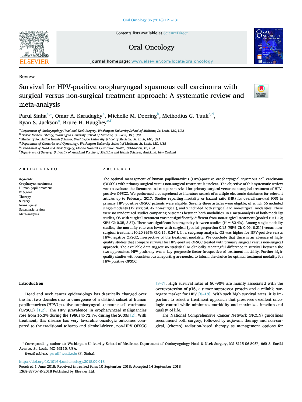 Survival for HPV-positive oropharyngeal squamous cell carcinoma with surgical versus non-surgical treatment approach: A systematic review and meta-analysis