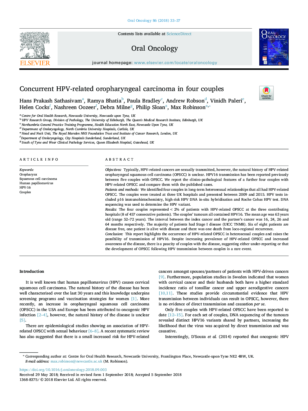 Concurrent HPV-related oropharyngeal carcinoma in four couples