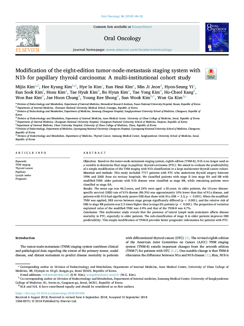 Modification of the eight-edition tumor-node-metastasis staging system with N1b for papillary thyroid carcinoma: A multi-institutional cohort study