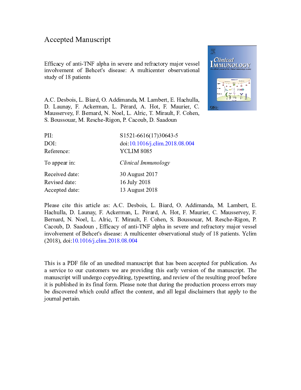 Efficacy of anti-TNF alpha in severe and refractory major vessel involvement of Behcet's disease: A multicenter observational study of 18 patients