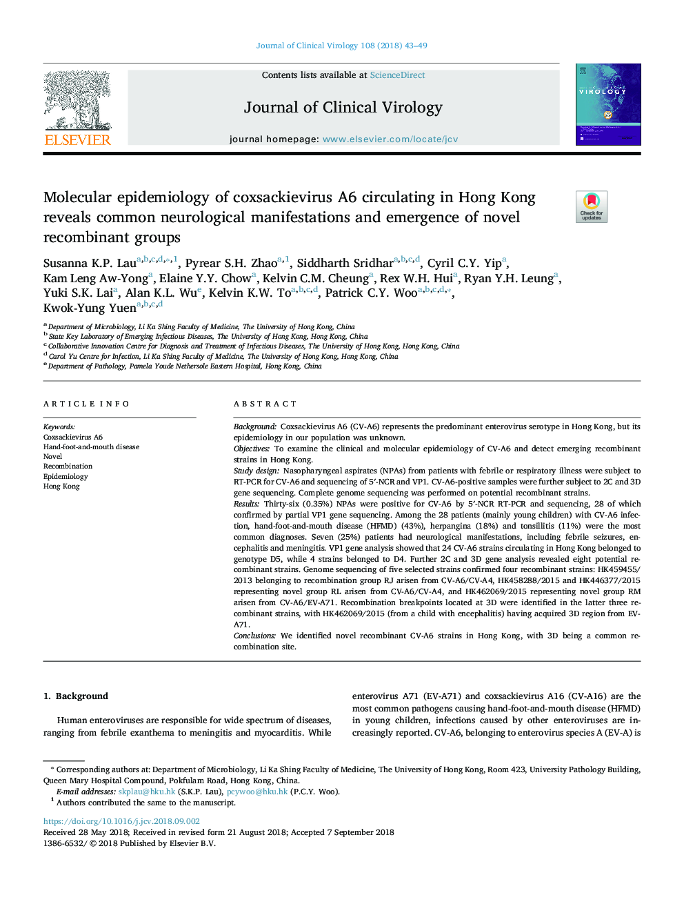 Molecular epidemiology of coxsackievirus A6 circulating in Hong Kong reveals common neurological manifestations and emergence of novel recombinant groups
