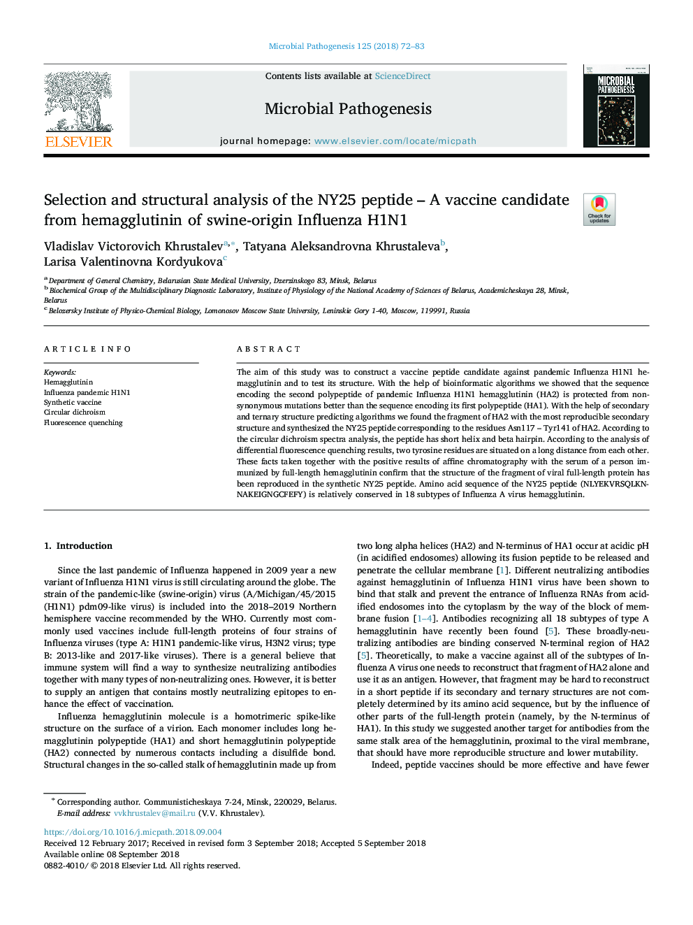 Selection and structural analysis of the NY25 peptide - A vaccine candidate from hemagglutinin of swine-origin Influenza H1N1