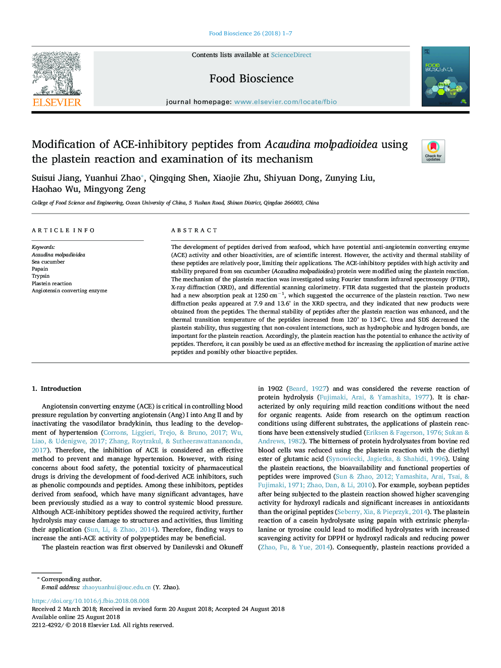 Modification of ACE-inhibitory peptides from Acaudina molpadioidea using the plastein reaction and examination of its mechanism