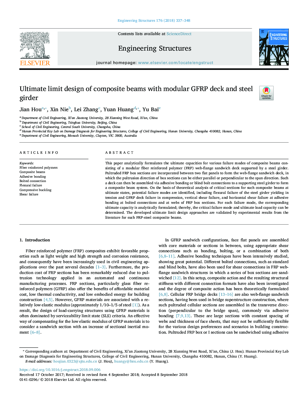 Ultimate limit design of composite beams with modular GFRP deck and steel girder