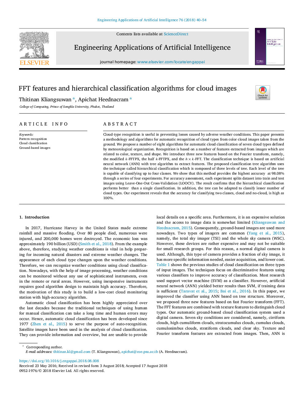 FFT features and hierarchical classification algorithms for cloud images