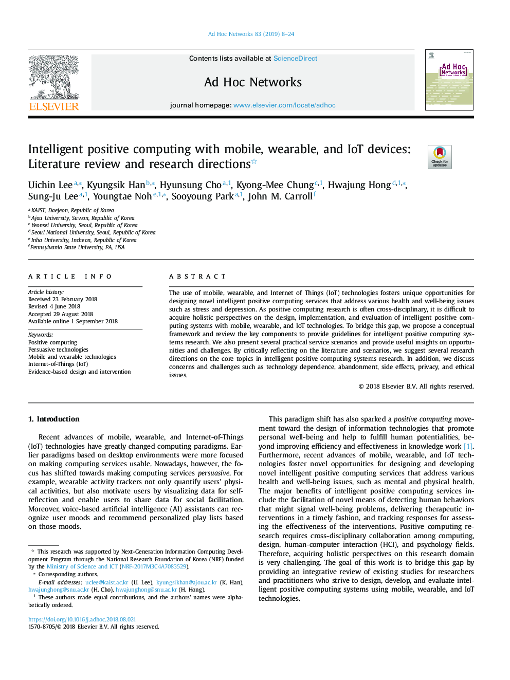 Intelligent positive computing with mobile, wearable, and IoT devices: Literature review and research directions