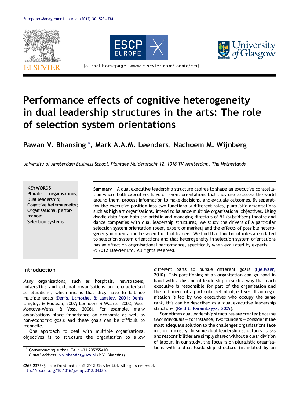 Performance effects of cognitive heterogeneity in dual leadership structures in the arts: The role of selection system orientations