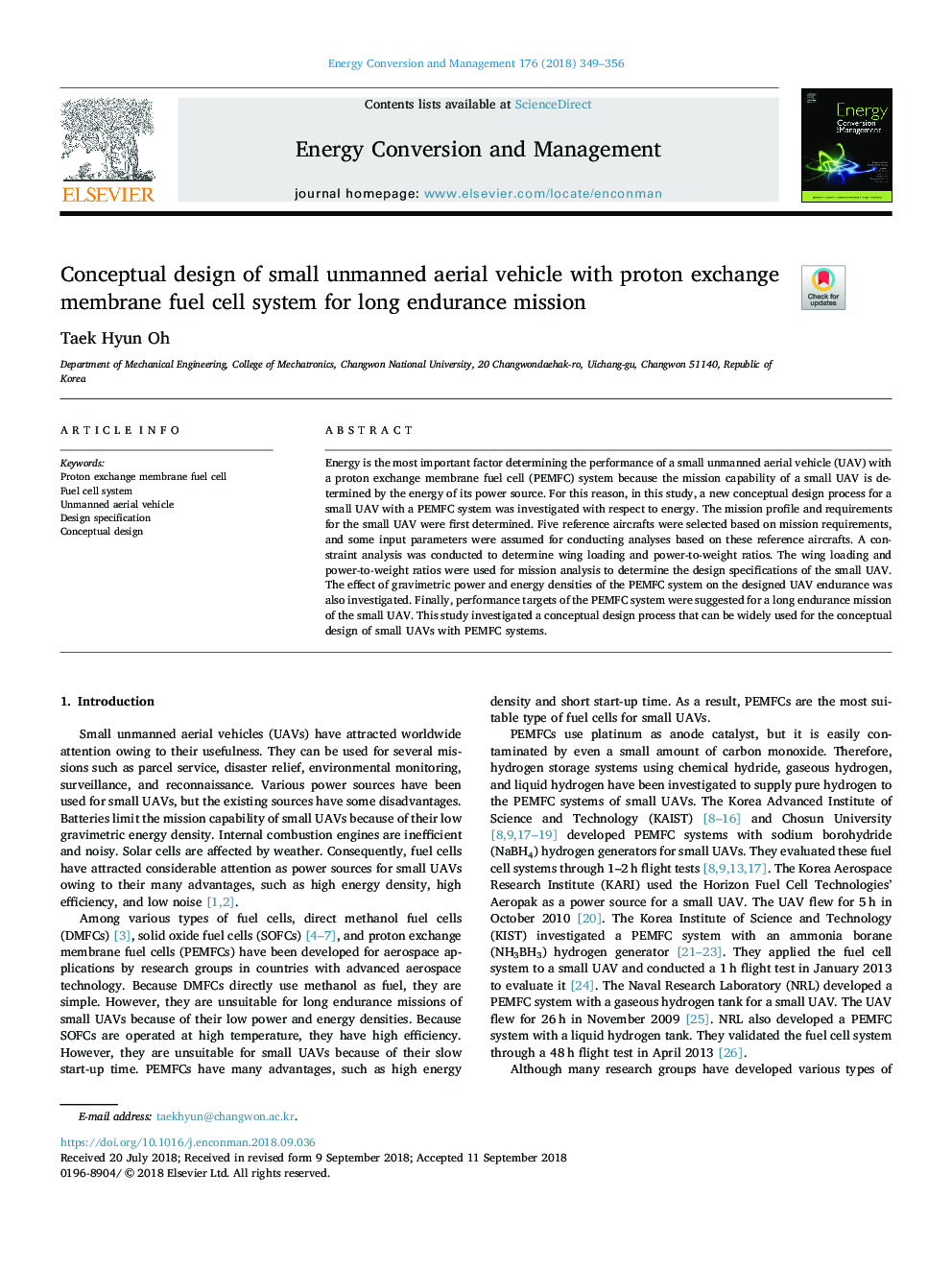 Conceptual design of small unmanned aerial vehicle with proton exchange membrane fuel cell system for long endurance mission