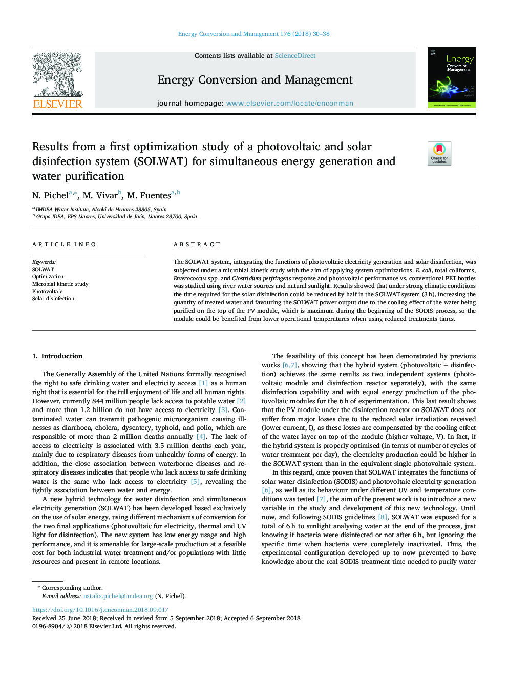 Results from a first optimization study of a photovoltaic and solar disinfection system (SOLWAT) for simultaneous energy generation and water purification