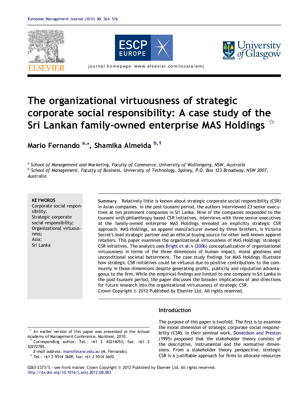 The organizational virtuousness of strategic corporate social responsibility: A case study of the Sri Lankan family-owned enterprise MAS Holdings 