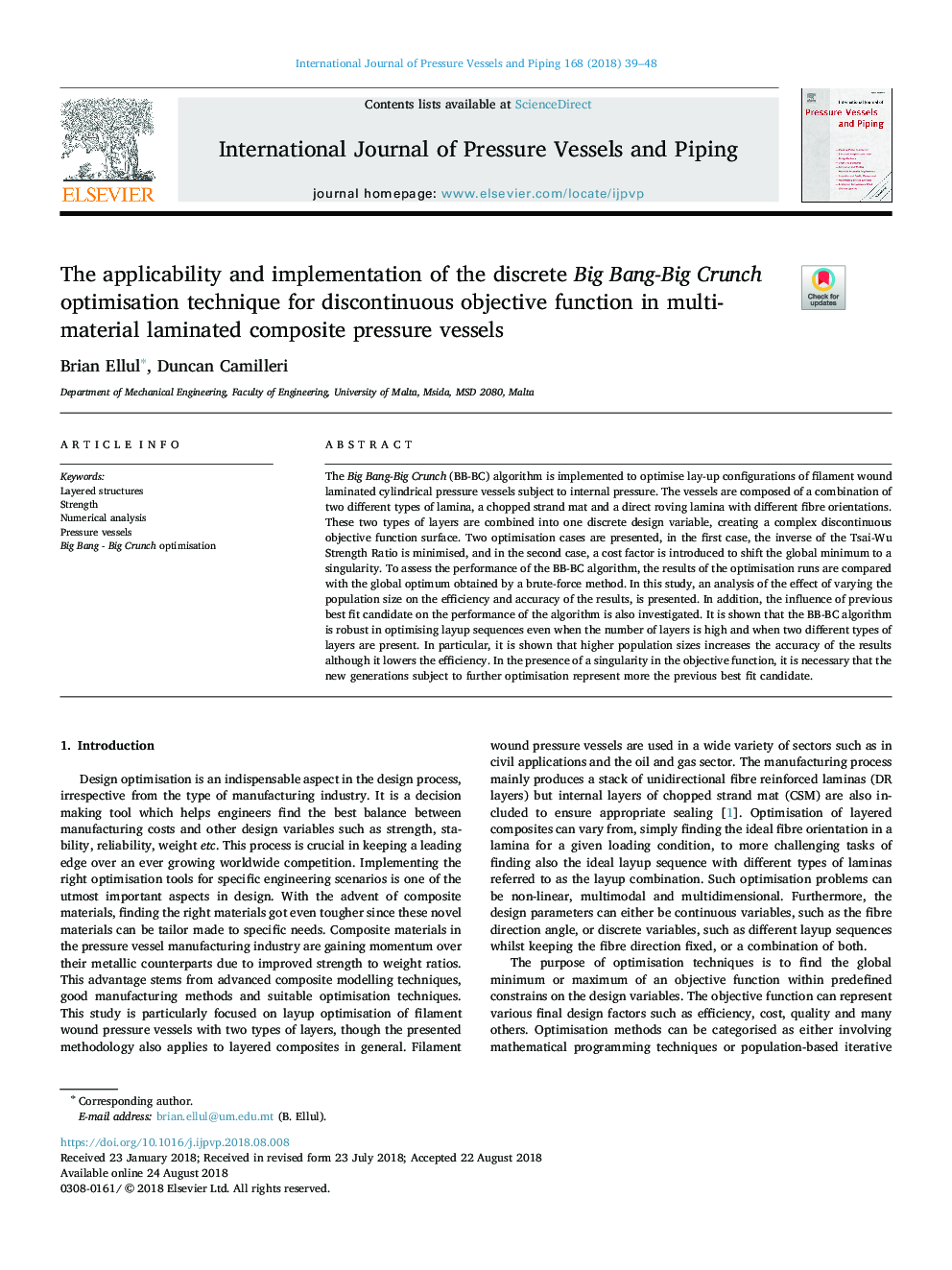 The applicability and implementation of the discrete Big Bang-Big Crunch optimisation technique for discontinuous objective function in multi-material laminated composite pressure vessels