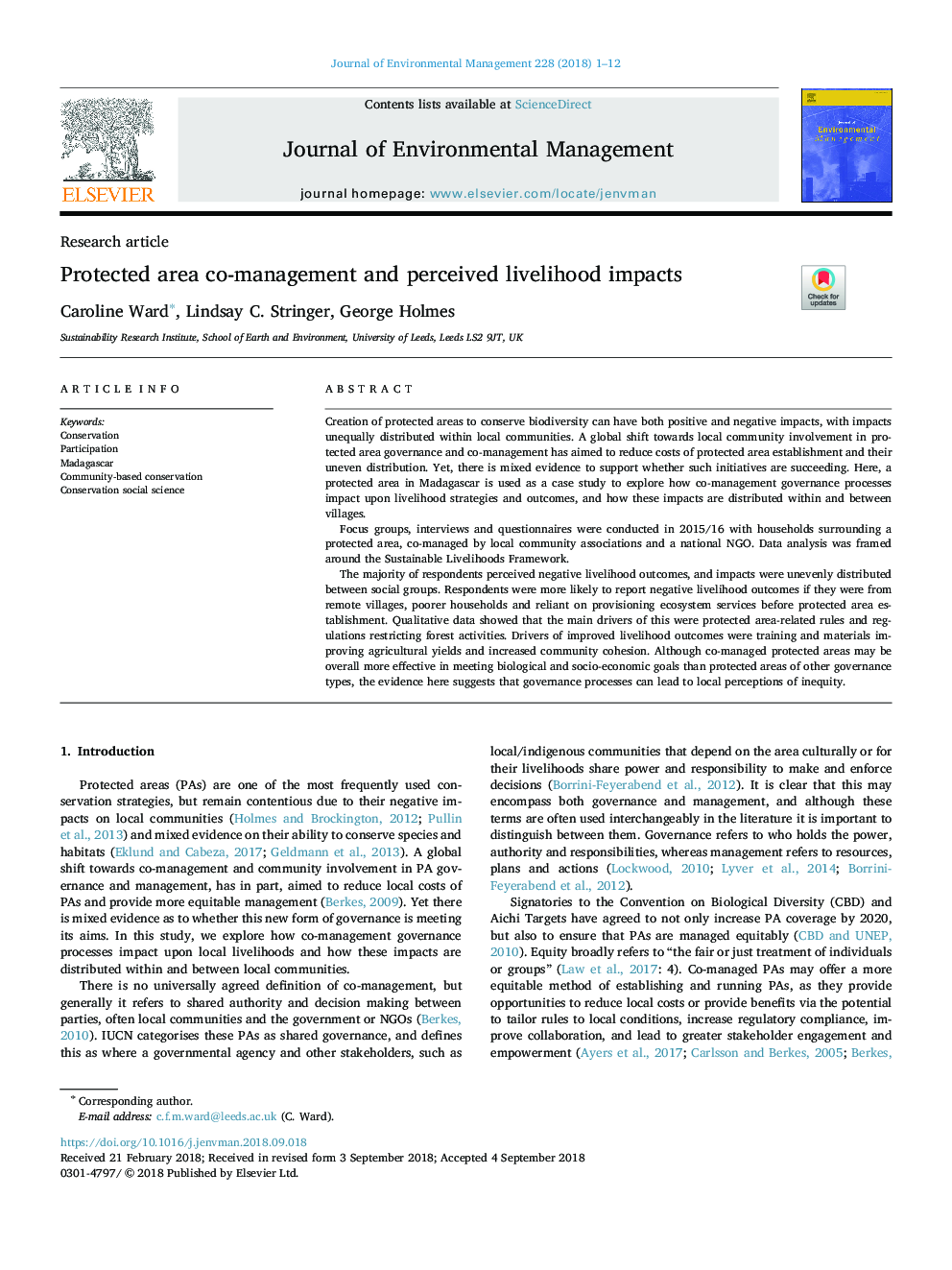 Protected area co-management and perceived livelihood impacts