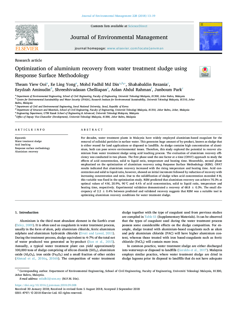 Optimization of aluminium recovery from water treatment sludge using Response Surface Methodology