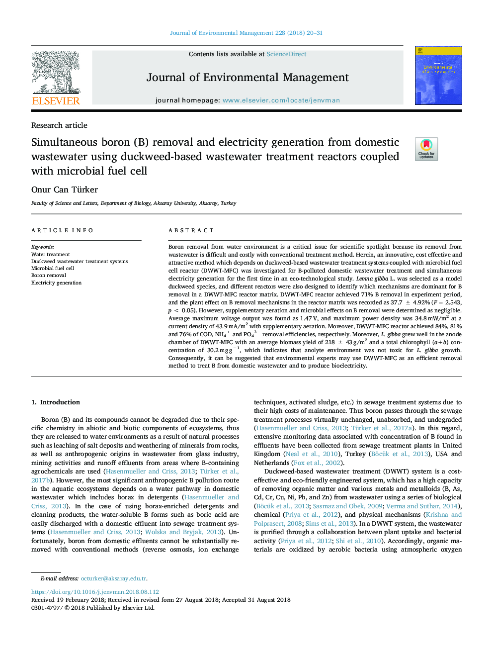 Simultaneous boron (B) removal and electricity generation from domestic wastewater using duckweed-based wastewater treatment reactors coupled with microbial fuel cell