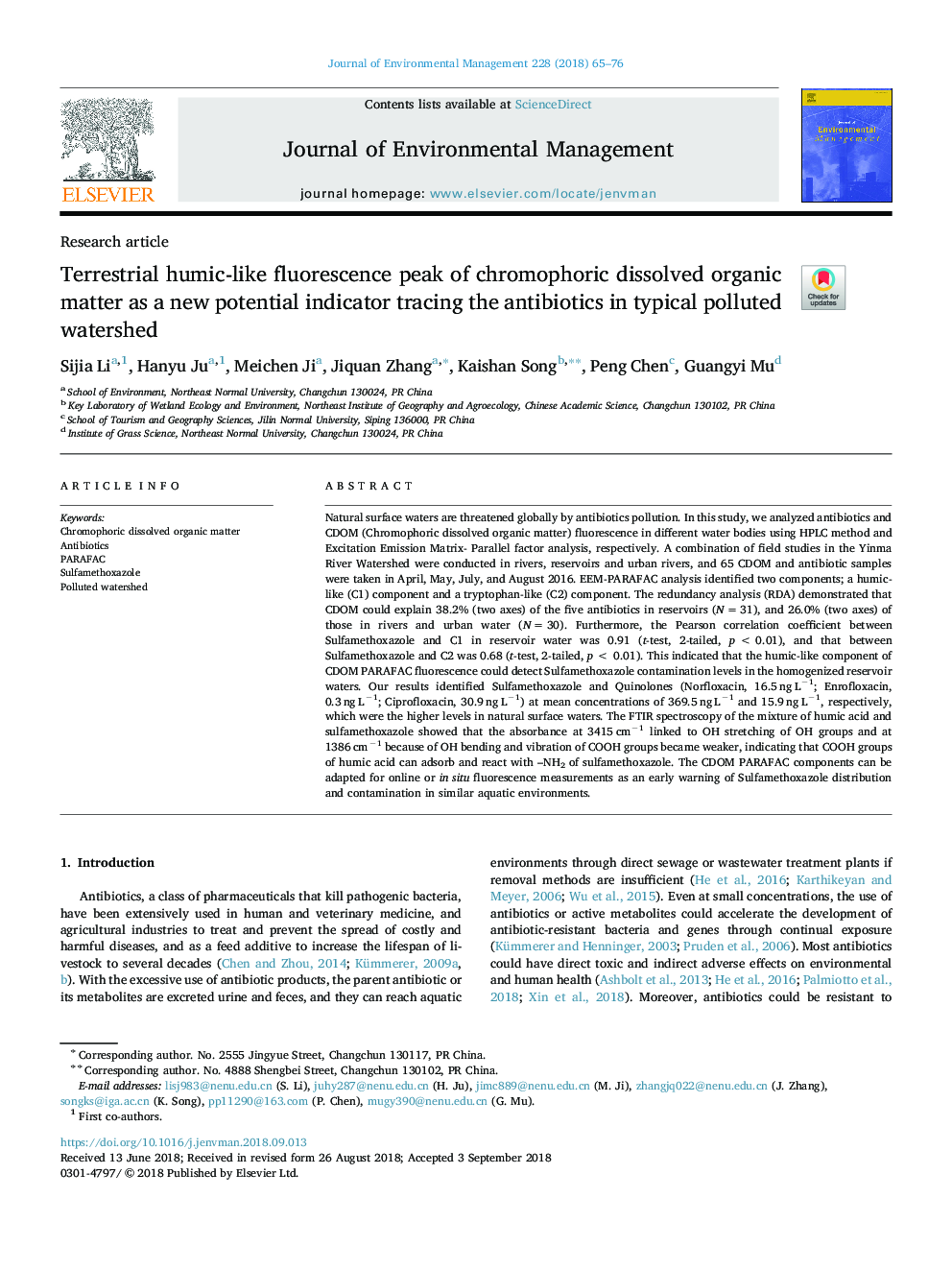 Terrestrial humic-like fluorescence peak of chromophoric dissolved organic matter as a new potential indicator tracing the antibiotics in typical polluted watershed