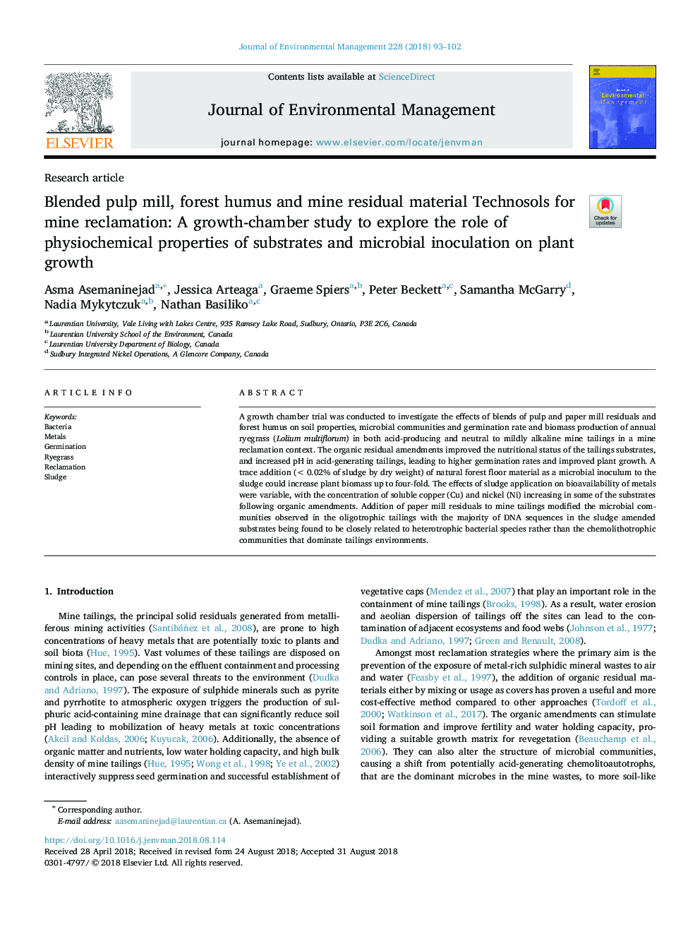 Blended pulp mill, forest humus and mine residual material Technosols for mine reclamation: A growth-chamber study to explore the role of physiochemical properties of substrates and microbial inoculation on plant growth