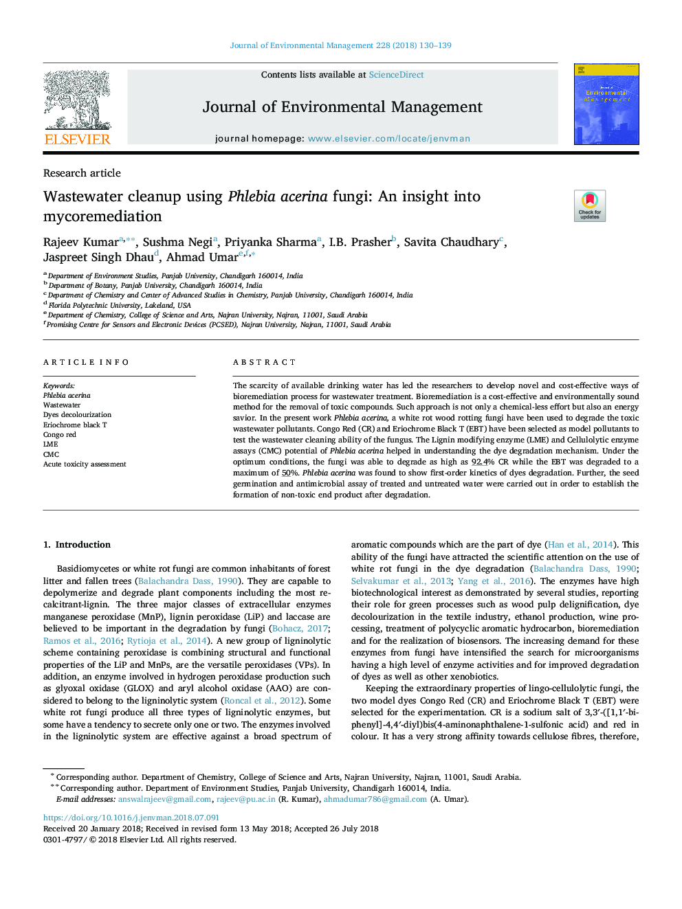 Wastewater cleanup using Phlebia acerina fungi: An insight into mycoremediation