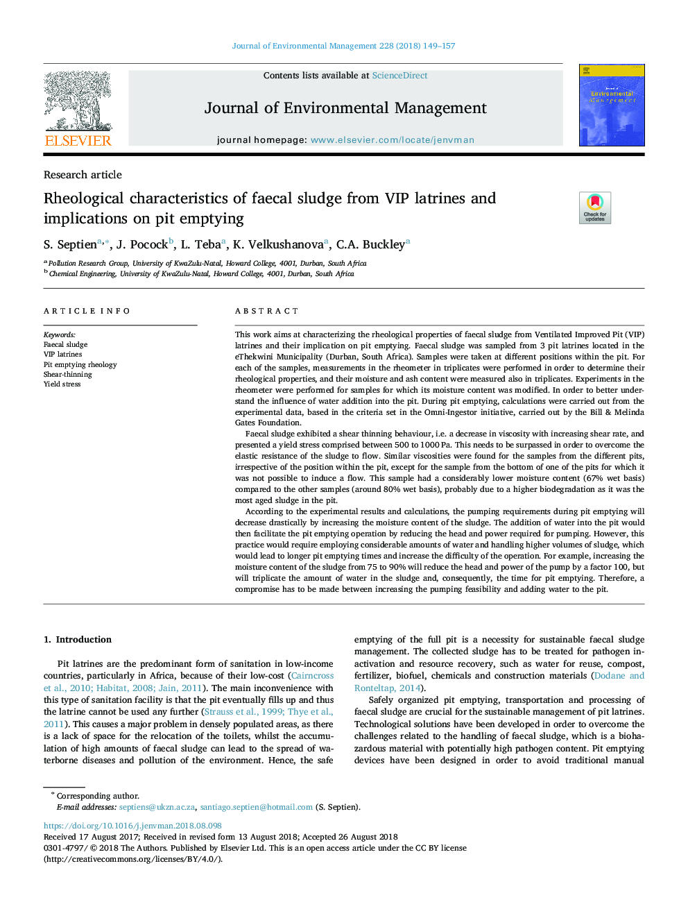 Rheological characteristics of faecal sludge from VIP latrines and implications on pit emptying