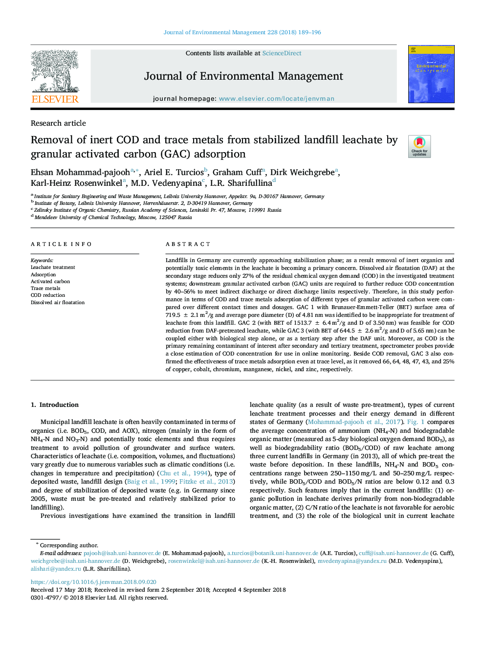 Removal of inert COD and trace metals from stabilized landfill leachate by granular activated carbon (GAC) adsorption