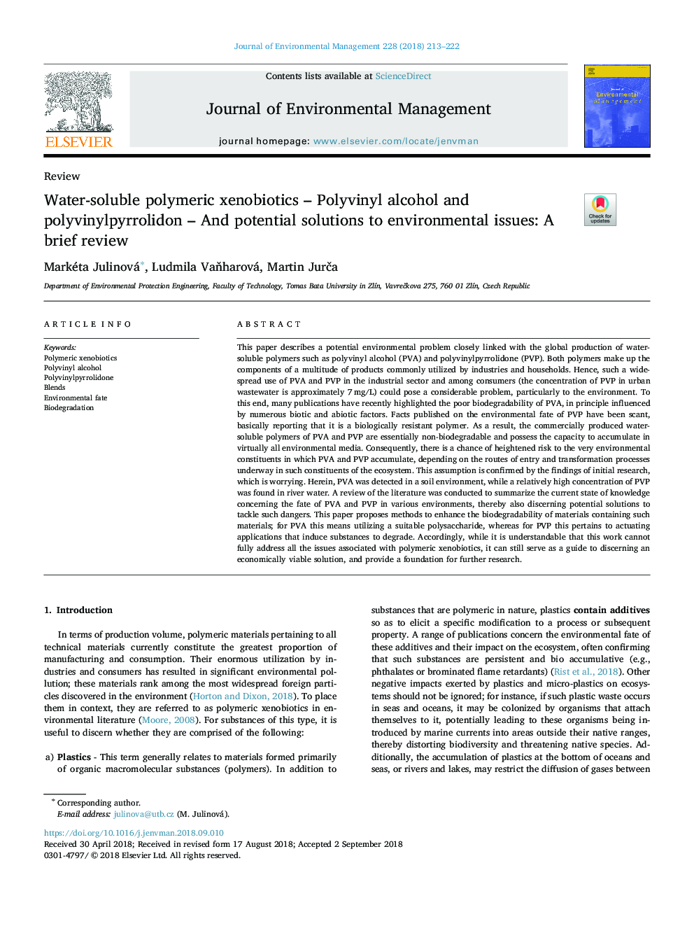 اکسن بیوتیک های پلیمری محلول در آب - پلی وینیل الکل و پلی وینیل پریرولیدون - و راه حل های بالقوه برای مسائل زیست محیطی: یک بررسی کوتاه