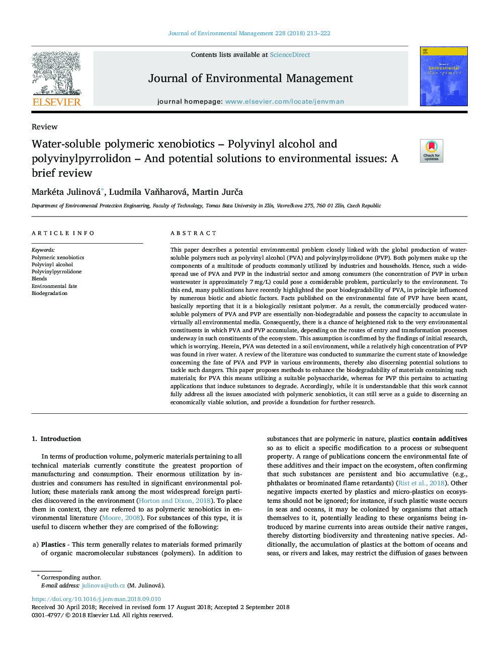 Water-soluble polymeric xenobiotics - Polyvinyl alcohol and polyvinylpyrrolidon - And potential solutions to environmental issues: A brief review