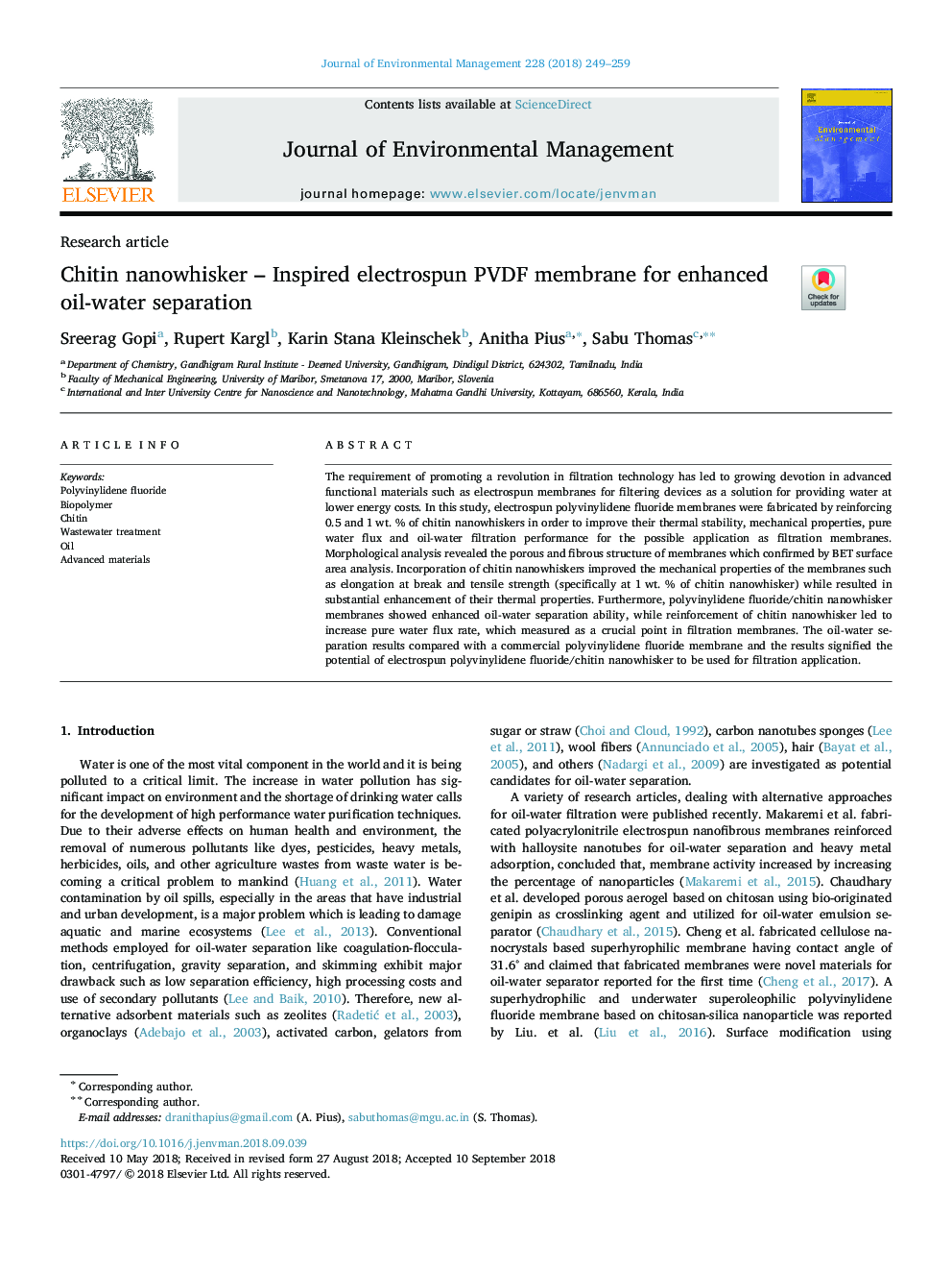 Chitin nanowhisker - Inspired electrospun PVDF membrane for enhanced oil-water separation