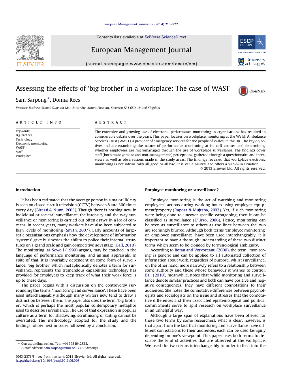 Assessing the effects of ‘big brother’ in a workplace: The case of WAST