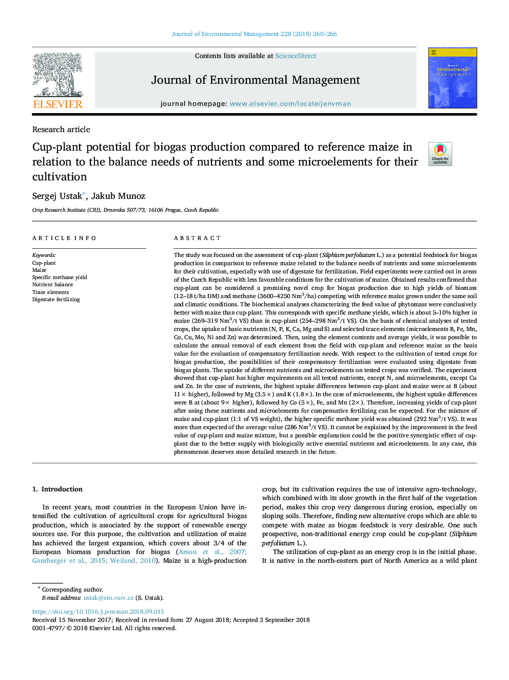 Cup-plant potential for biogas production compared to reference maize in relation to the balance needs of nutrients and some microelements for their cultivation