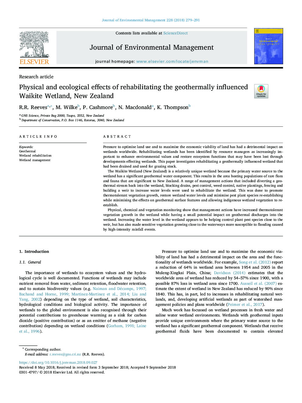 Physical and ecological effects of rehabilitating the geothermally influenced Waikite Wetland, New Zealand