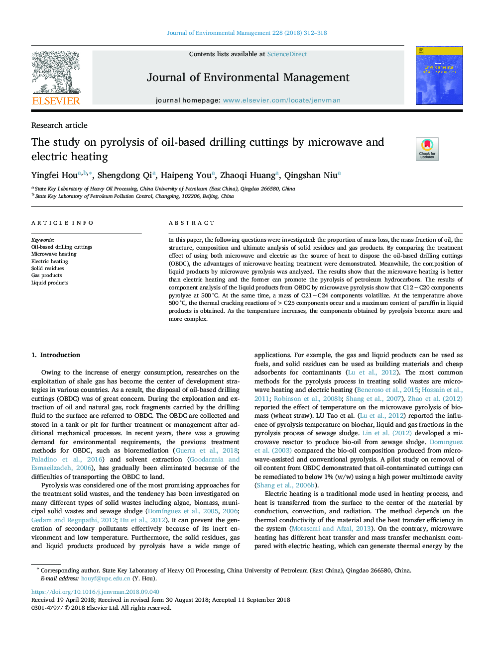 The study on pyrolysis of oil-based drilling cuttings by microwave and electric heating