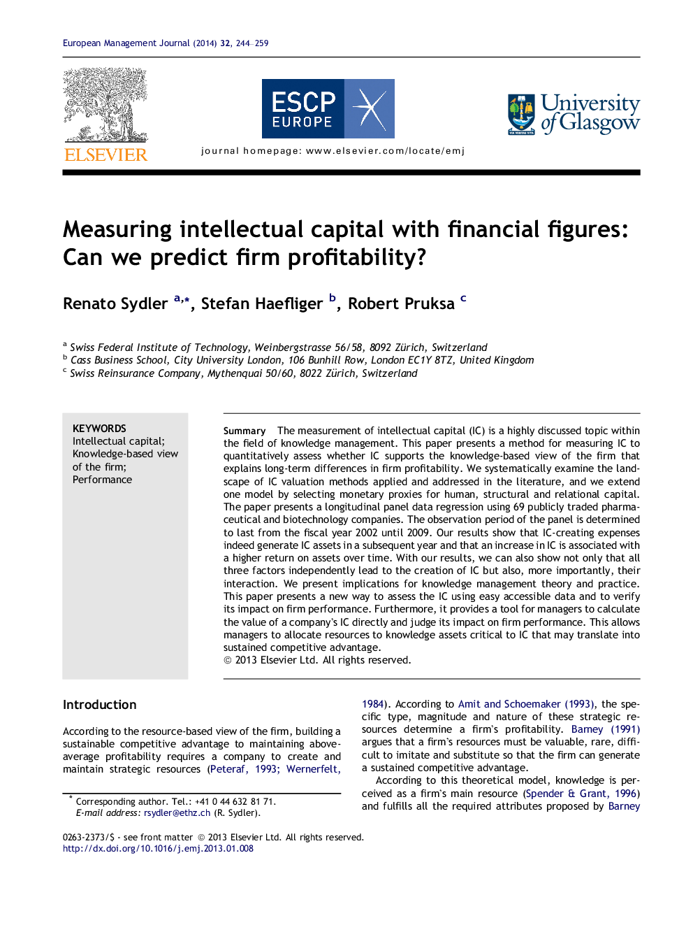 Measuring intellectual capital with financial figures: Can we predict firm profitability?