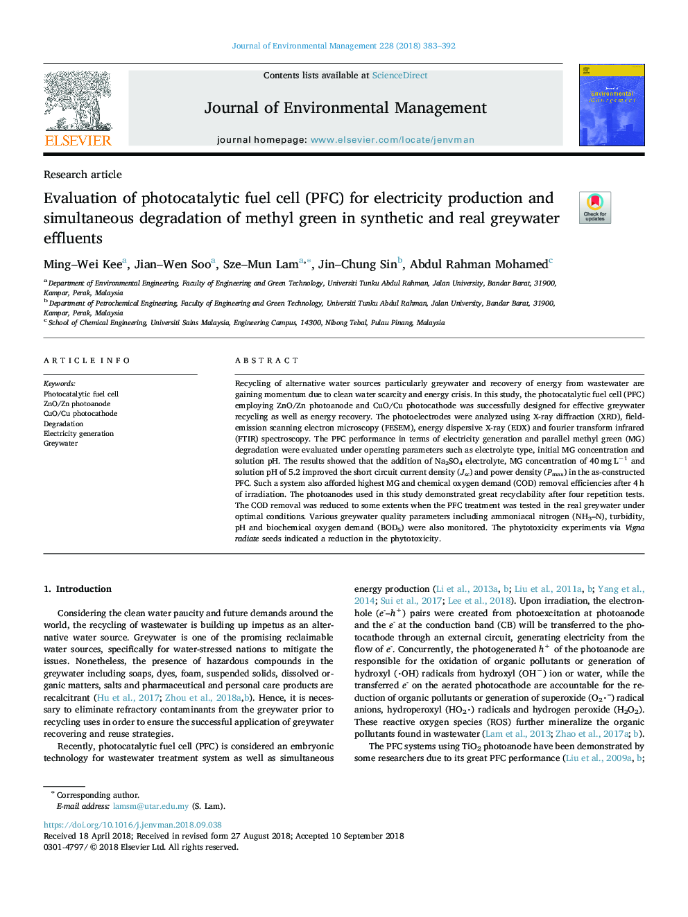 Evaluation of photocatalytic fuel cell (PFC) for electricity production and simultaneous degradation of methyl green in synthetic and real greywater effluents