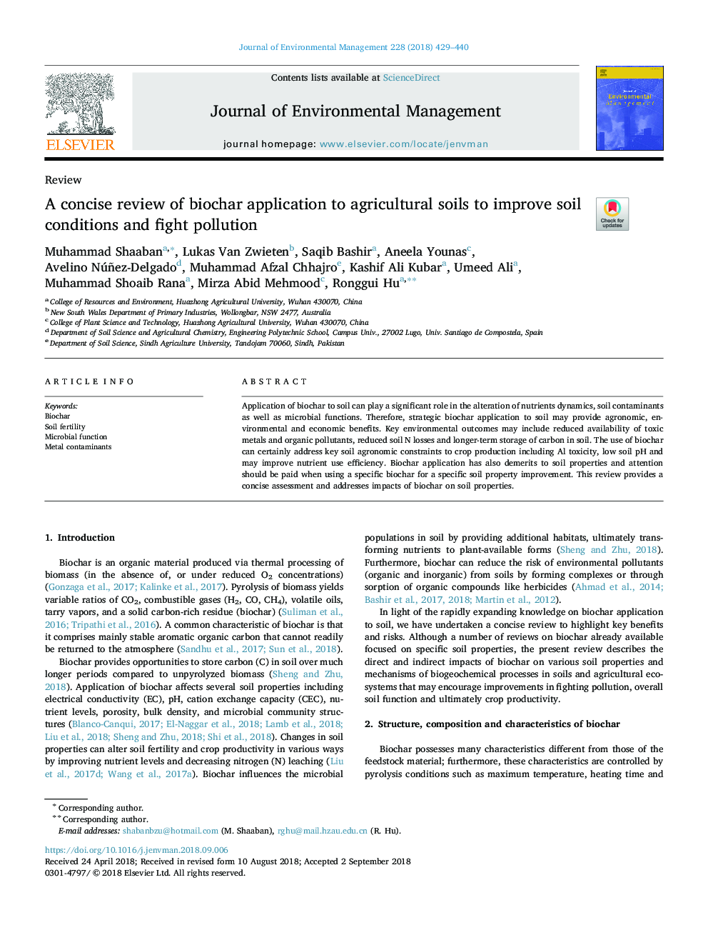 A concise review of biochar application to agricultural soils to improve soil conditions and fight pollution