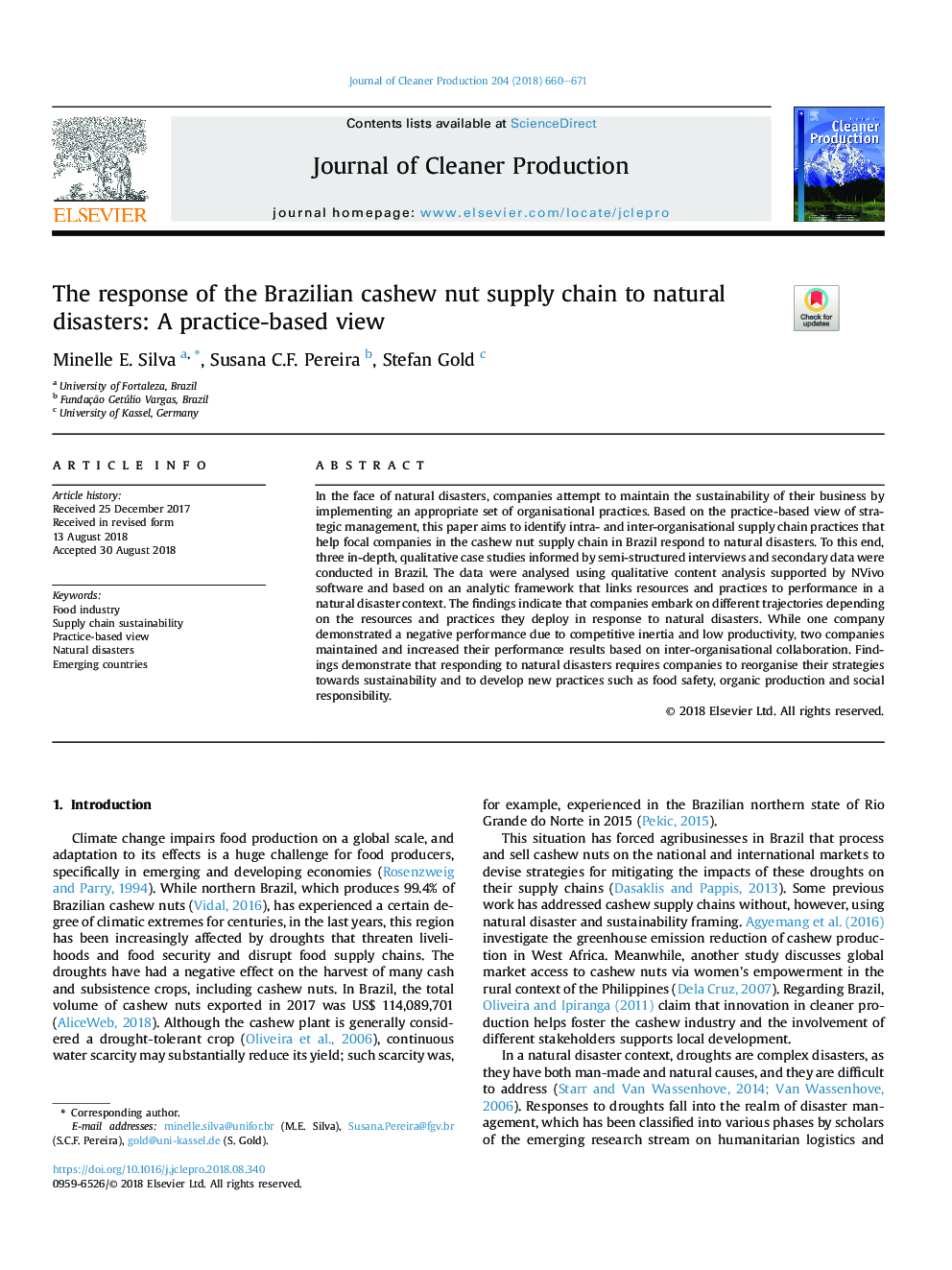 The response of the Brazilian cashew nut supply chain to natural disasters: A practice-based view