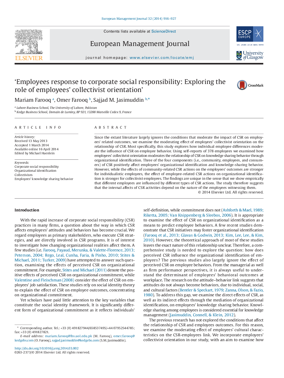 ‘Employees response to corporate social responsibility: Exploring the role of employees’ collectivist orientation’