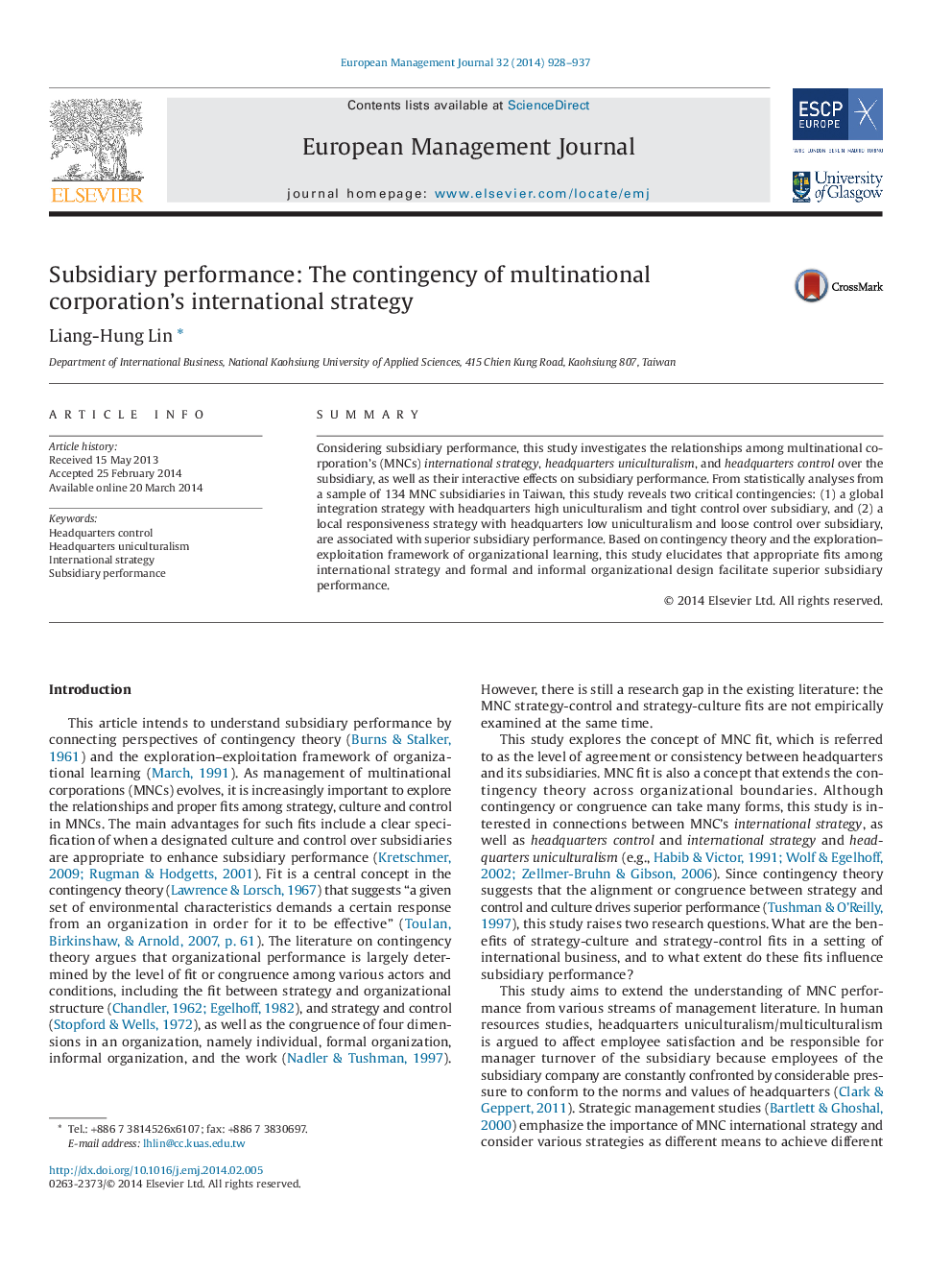 Subsidiary performance: The contingency of multinational corporation’s international strategy