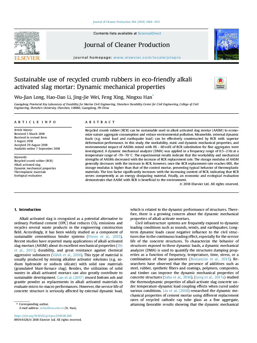 Sustainable use of recycled crumb rubbers in eco-friendly alkali activated slag mortar: Dynamic mechanical properties