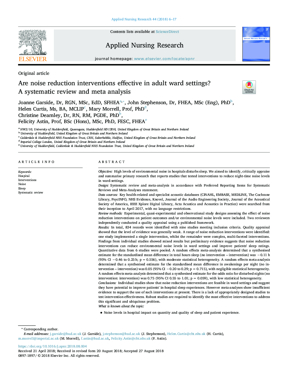 Are noise reduction interventions effective in adult ward settings? A systematic review and meta analysis