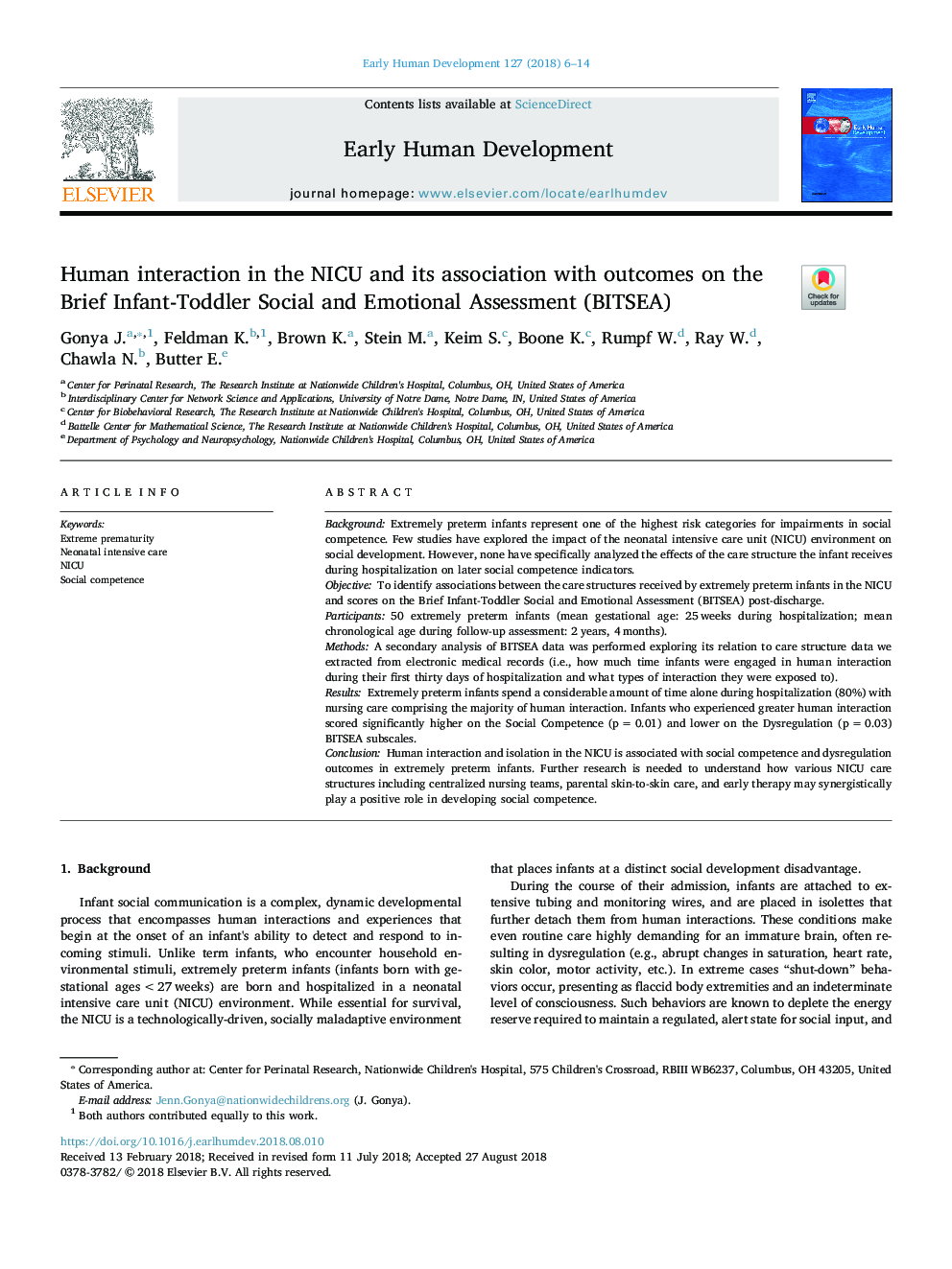 Human interaction in the NICU and its association with outcomes on the Brief Infant-Toddler Social and Emotional Assessment (BITSEA)