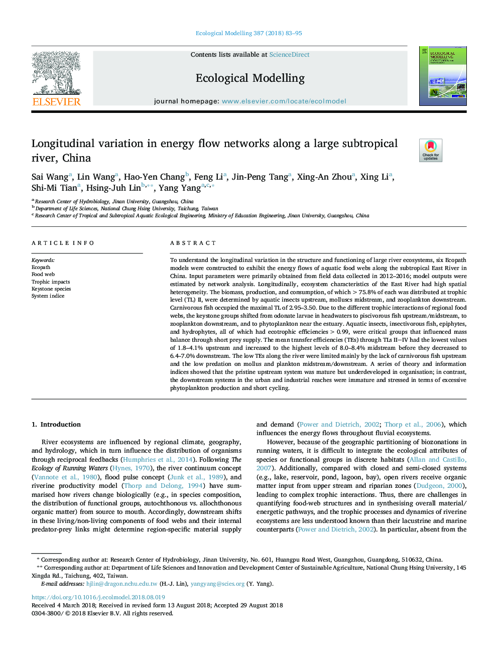 Longitudinal variation in energy flow networks along a large subtropical river, China