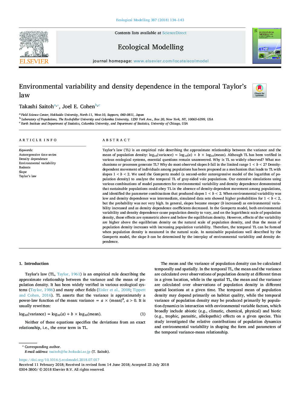 Environmental variability and density dependence in the temporal Taylor's law