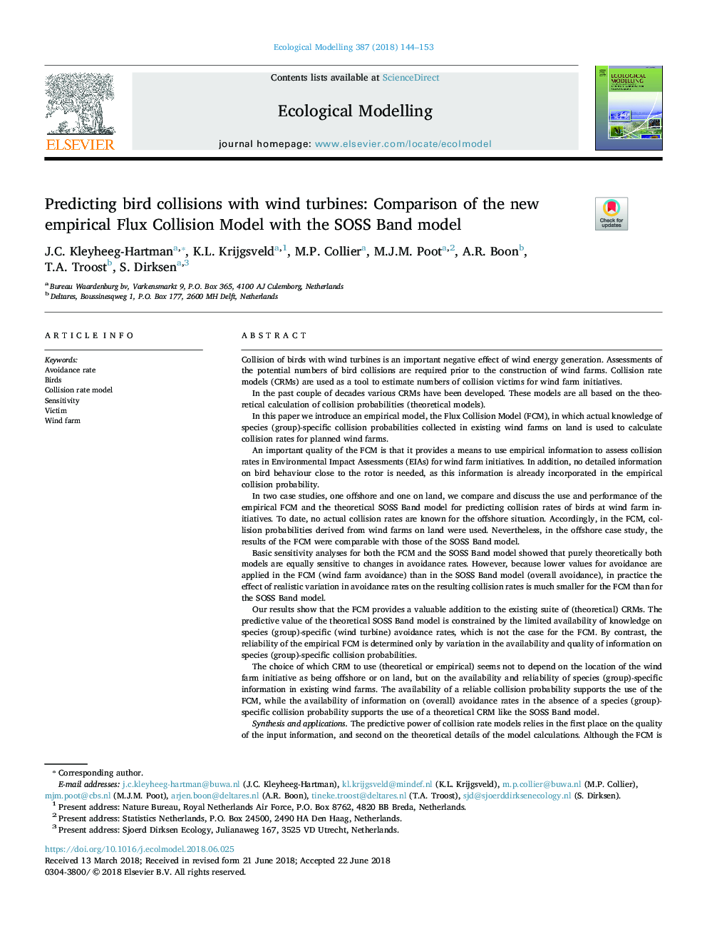 Predicting bird collisions with wind turbines: Comparison of the new empirical Flux Collision Model with the SOSS Band model